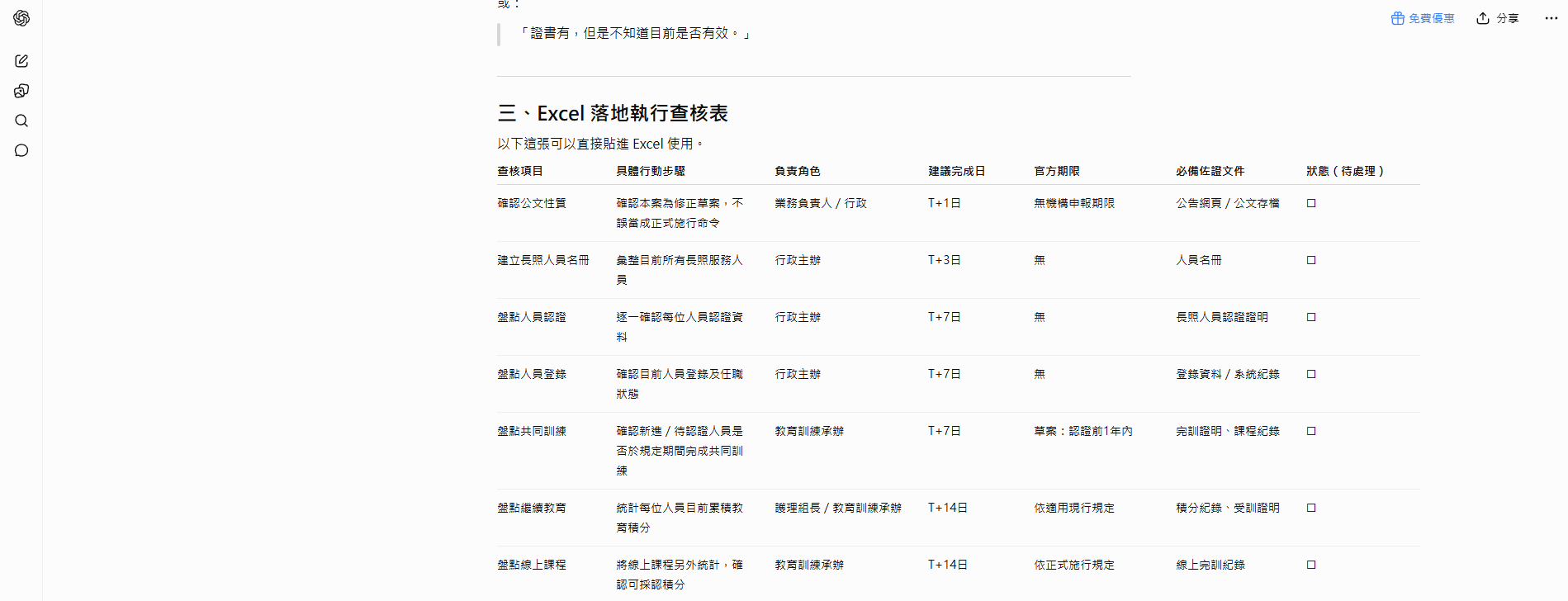 ［截圖：貼上公文後 AI 產出的 3W 責任矩陣與 Excel 查核表 01］